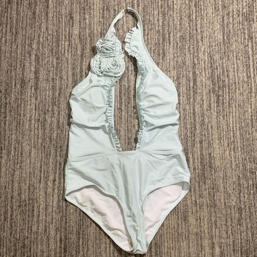 No Brand Women's Size Large Light Mint‎ Green Floral Detail One Piece Swimsuit